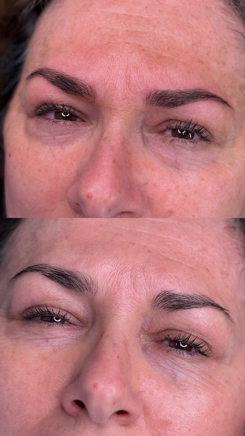 Eyebrow microblading before and after: sparse brow filled in with fine hair-stroke technique