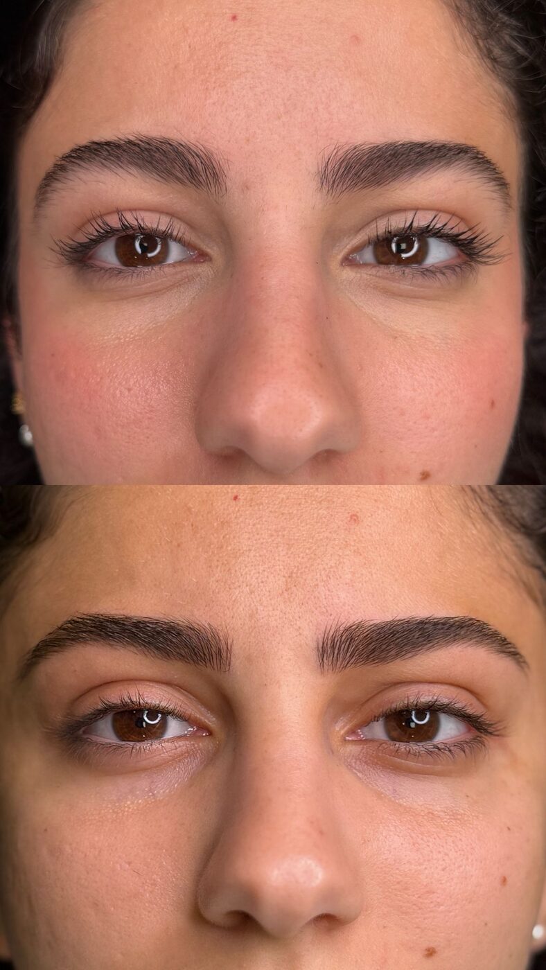 Before and after eyebrow microblading with shape and density correction