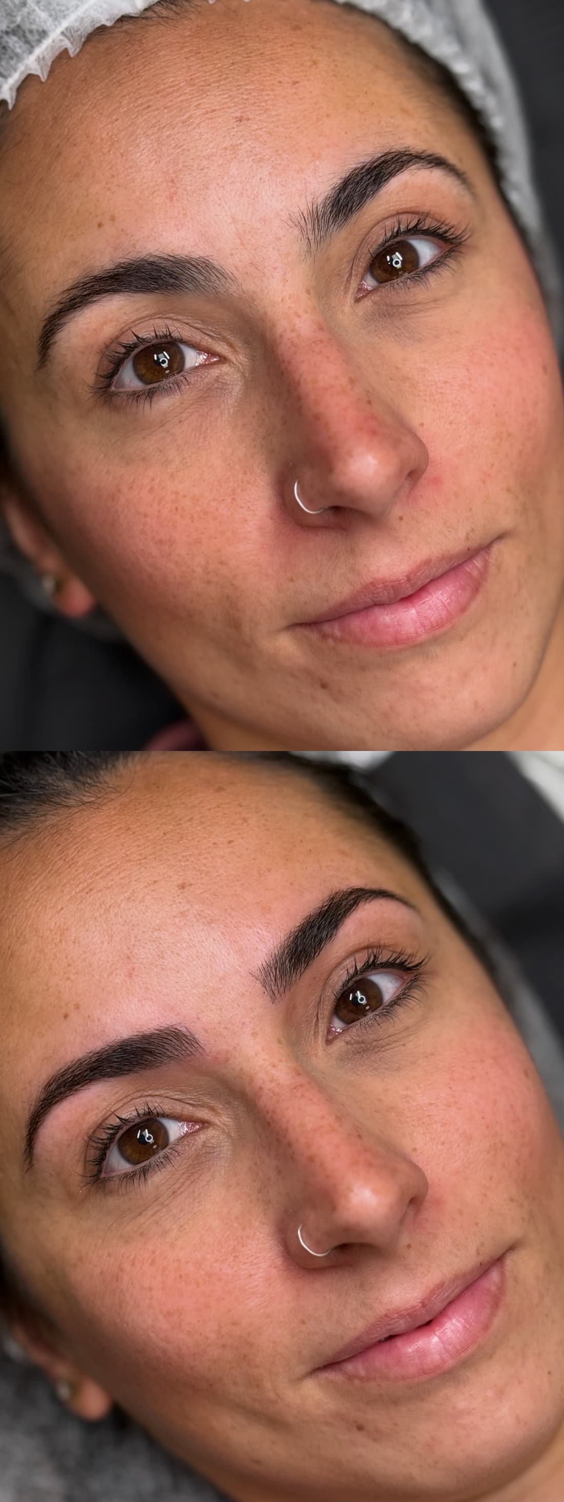 Eyebrow microblading before and after, close-up of eyes and brows