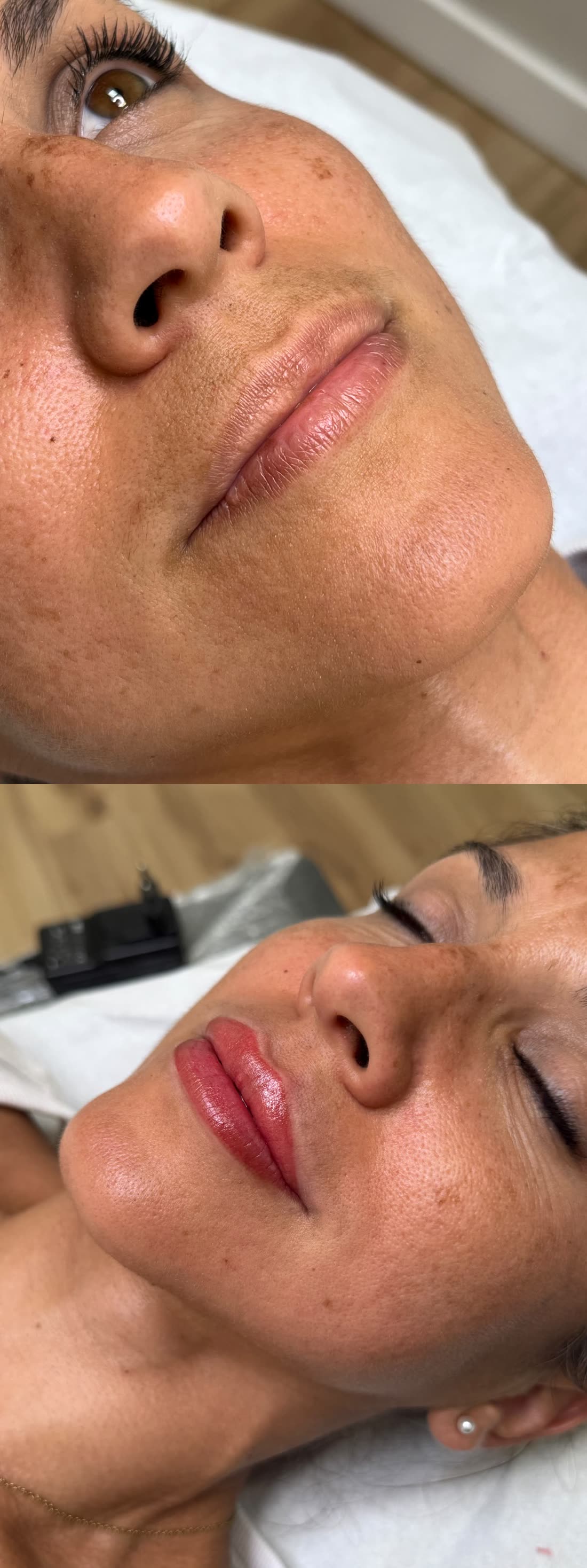 Lip micropigmentation before and after, freshly applied result